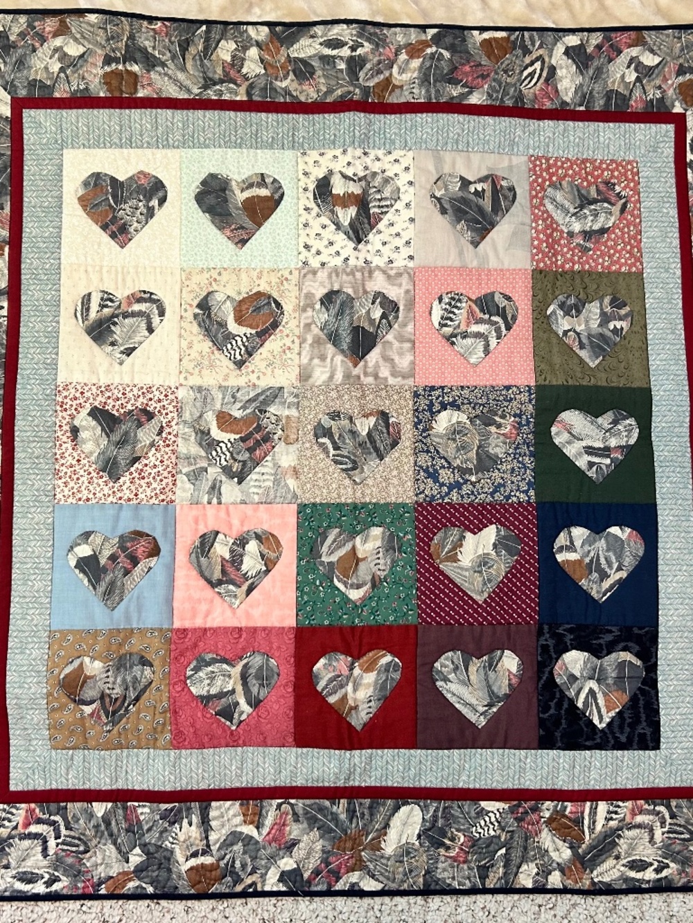 VINTAGE 1991 Handmade Heart Quilt Wall Hanging Throw Blanket Coastal Grandma